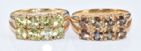 Two 9ct gold rings, one set with andalusite and the other garnets, with certificates, 6.5g, size N