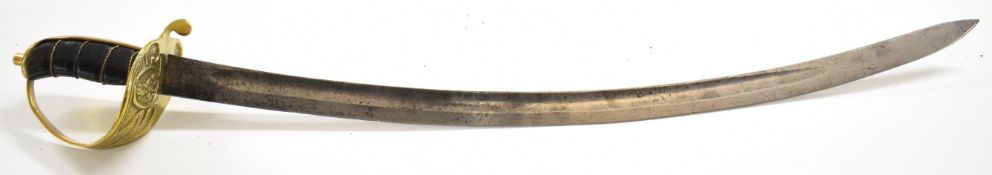 British circa 1820s Naval sabre / hanger, with 60cm single edged curved blade, swept quillon, gilt