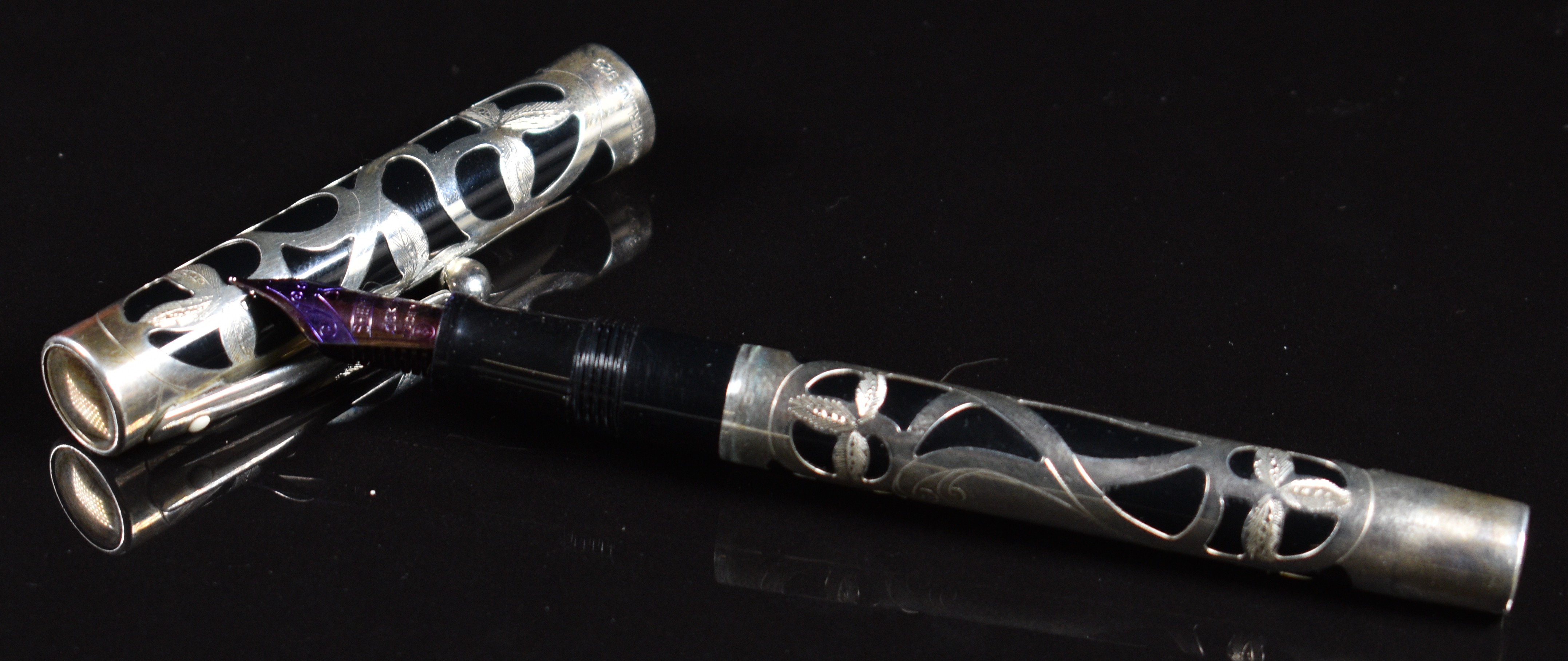Sheaffer Nostalgia silver overlaid fountain and ballpoint pen and paper knife set, each with - Image 7 of 10