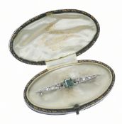 Art Deco 18ct white gold brooch set with a tourmaline and diamonds, in antique box, 4.5cm, 3.2g