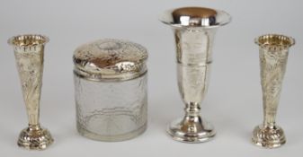 Pair of Victorian hallmarked silver vases, London 1890, maker William Comyns & Sons, Elizabeth II