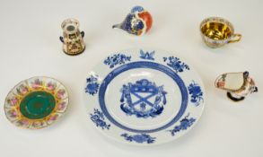 19thC Chinese armorial export plate, Royal Crown Derby miniature milk churn / coal scuttle, bird