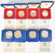 Eight Royal Mint sterling silver 1977 Jubilee crowns, 28.276g each, all cased, most with