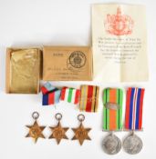 Five WW2 medals comprising 1939-45 Star, Africa Star, Italy Star with box and document named to L.