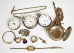 Two silver pocket watches, silver cased pocket watch, badges etc