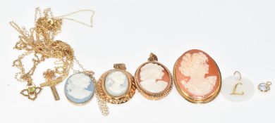 Three 9ct gold pendants on 9ct gold chains (3.4g) and four 9ct gold pendants set with cameos (8g)