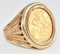 A 9ct gold ring set with a 1918 gold half sovereign, 13g, size P