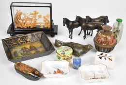 Collectibles including bronze horses, 19thC papier mâché tray, Royal Crown Derby pin dishes, Chinese