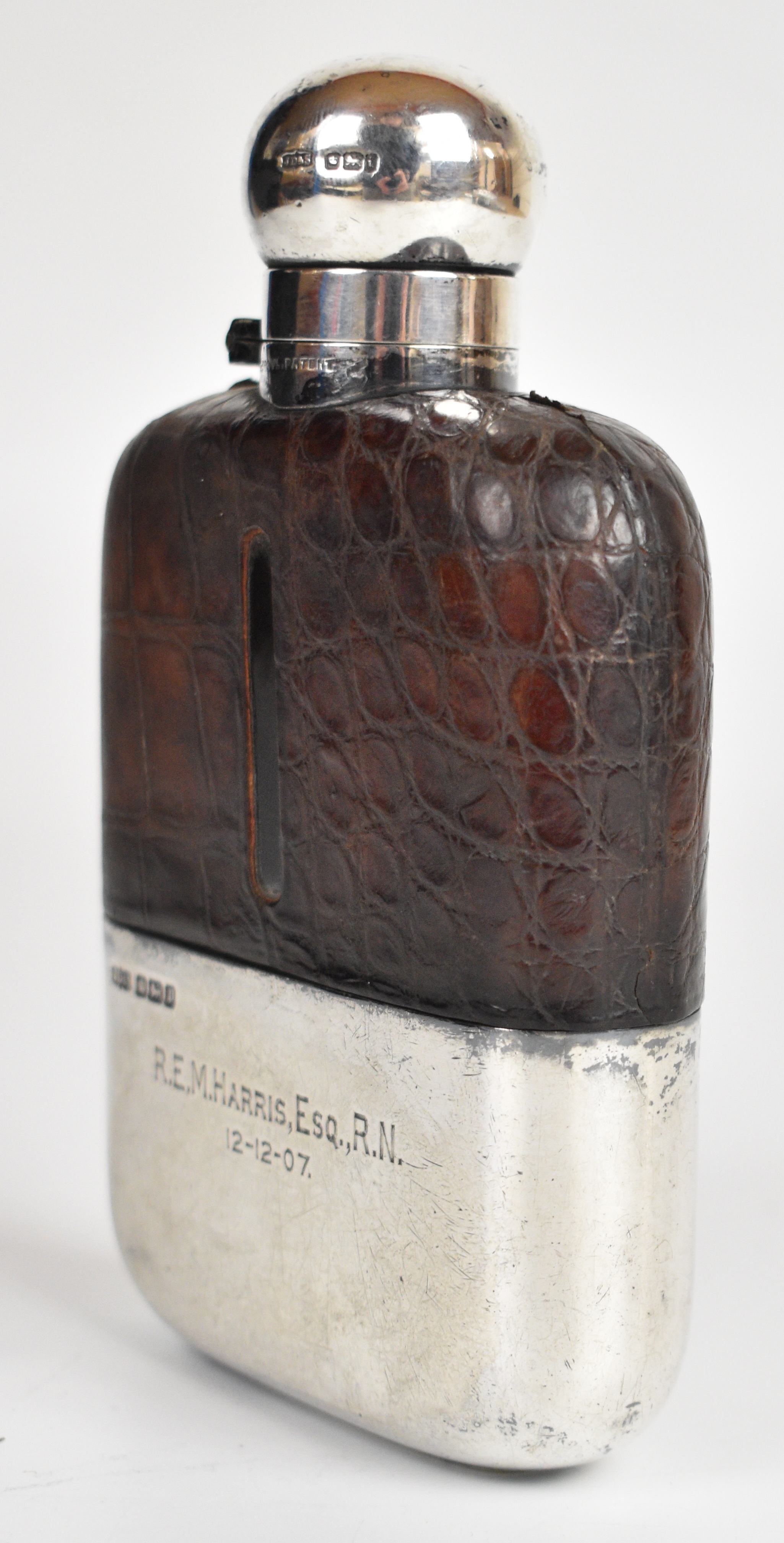 Edward VII hallmarked silver and glass hip flask with captive screw cap and pull off cup, engraved - Image 2 of 5