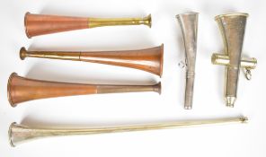 Six hunting and signal horns comprising Kohler and ACME signal horns, novelty miniature post or