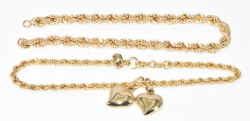 Two 9ct gold rope twist bracelets, 5g, both 17cm (one without clasp)