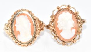 Two 9ct gold rings set with shell cameos of young women, 6.5g, size M & N