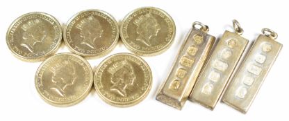 Three silver ingot pendants (59.4g) and five £2 coins