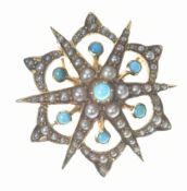 Edwardian 15ct gold pendant / brooch set with split pearls and turquoise cabochons, 4.4g, 2.5cm