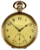 Zenith 9ct gold keyless winding open faced pocket watch with subsidiary seconds dial, blued hands,