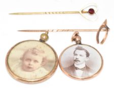 Two 9ct gold stick pins (1.9g) in antique box, and two rolled gold lockets