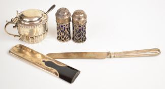 Victorian hallmarked silver mustard with blue glass liner, London 1894, maker Charles Edwards,