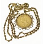 1887 gold full sovereign in 9ct gold pendant mount, on 9ct gold chain, 12.7g, 46cm