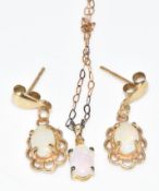 A 10k gold pendant set with an opal on 9ct gold chain and a pair of 9ct gold earrings each set