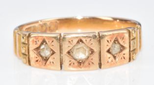 Victorian 15ct gold ring set with three rose cut diamonds in star settings, Birmingham 1894, 2.7g,