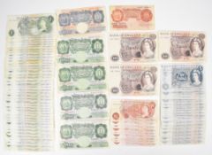 Bank of England banknotes comprising three Jo Page £10 notes, seventeen £5 notes comprising four