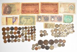 Collection of mostly 19th and early 20th century world base metal and silver coins, and banknotes,