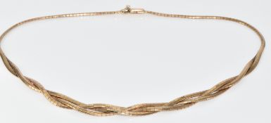 A 9ct gold necklace made up of three plaited strands, 21.6g, 40cm