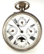 Silver keyless winding open faced triple calendar pocket watch with moonphase, blued hands, gilt