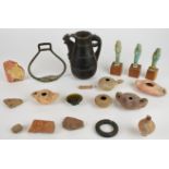 Antiquities and similar style items including Roman / Greek lamps, twin handled vase, bronze