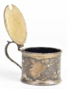 George V hallmarked silver mustard, London 1934, maker William Bruford & Son Ltd, length 8cm, weight