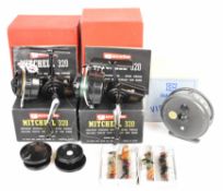 Three fixed spool / fly fishing reels comprising Hardy 'The Viscount 140' and two Mitchell 320, both