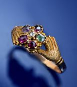 Georgian / Victorian fede ring, the central flower set with petals of ruby, emerald, garnet,