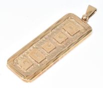 A 9ct gold ingot pendant with feature hallmarks and textured finish, 7.7g, 4 x 1.4cm
