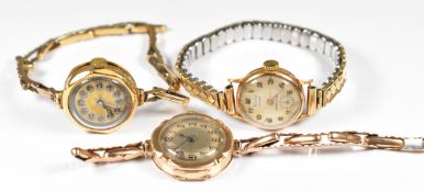 Three gold ladies wristwatches comprising Unity 18ct gold example on expanding metal bracelet, an
