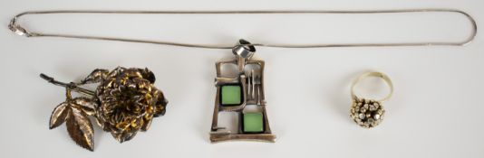 Danish silver ring by Eggert, a Flora Danica silver brooch in the form of a flower and a silver