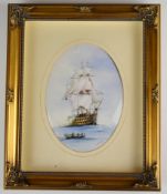 Bronte porcelain plaque of an 18th/19thC Man of War sailing ship, signed by ex Royal Worcester