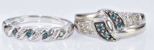 Two 9k white gold rings, both set with blue and white diamonds, 7.1g, size N