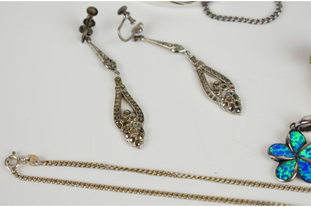 Three silver pendants set with pressed amber, synthetic opal and paste, marcasite earrings, - Image 6 of 9