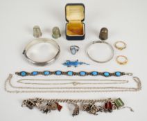A collection of jewellery including 18ct gold ring mount (1.5g), silver including bangle,