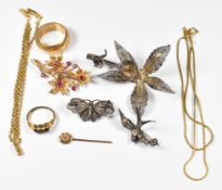 A 9ct gold brooch in the form of flowers set with rubies (5.8g, 4.5cm), Victorian stick pin set with