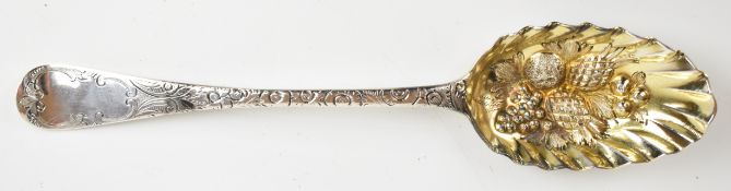Georgian hallmarked silver berry table spoon with gilt and embossed decoration to the bowl, London