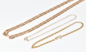A 9ct gold chain made up of mariners links (45cm) and two 9ct gold bracelets (18 & 17cm), 14.1g