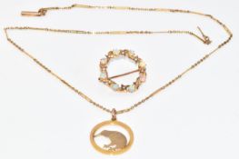 Edwardian 9ct gold brooch set with opals and split pearls, 9ct gold pendant in the form of a kiwi