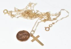 Two 9ct gold chains, a 9ct gold cross and 9ct gold St Christopher, 1g