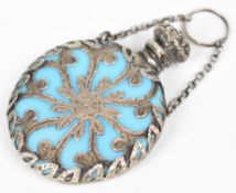 19th or early 20th century continental silver mounted turquoise glass perfume bottle with engraved
