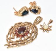 A 9ct gold pendant set with garnets in a cluster, 9ct gold pendant set with a pearl and a pair of