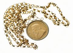 1980 gold 1/4 Krugerrand in 9ct gold pendant mount, on 9ct gold chain, 19.8g, 68cm