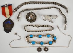 Four silver bracelets, Victorian silver brooch (Birmingham 1884), filigree brooch, silver necklace