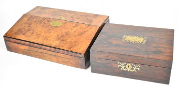 19thC walnut writing slope, brass inlaid rosewood box and  brass inlaid rosewood box, width of