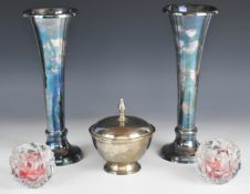 Pair of Ralph Lauren plated flared vases, height 30cm, and a pair if Tiffany and Co glass